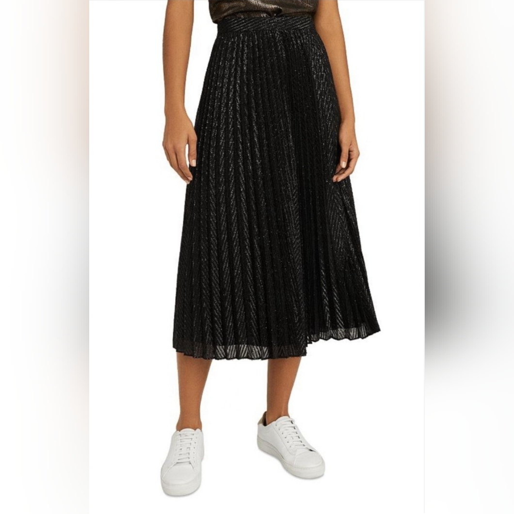 Nwot: Reiss Marianne Pleated Metallic Mesh Midi Skirt Black Us 2 (K354)